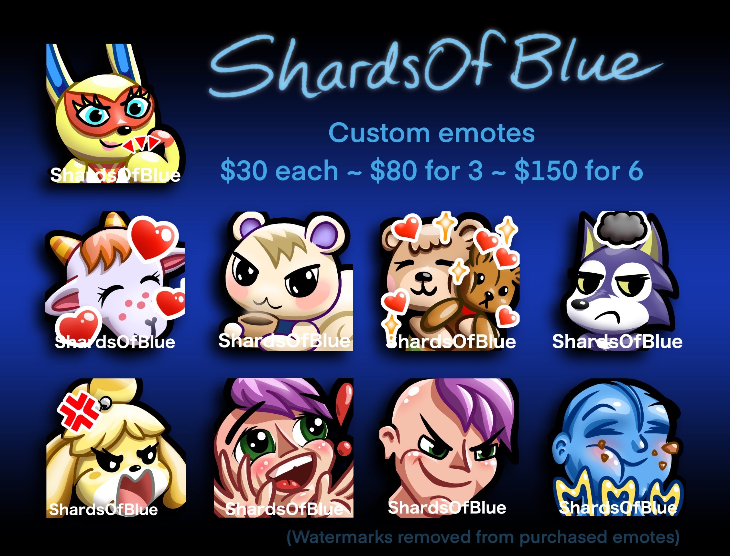 Custom emote prices: $30 each, $80 for 3, $150 for 6