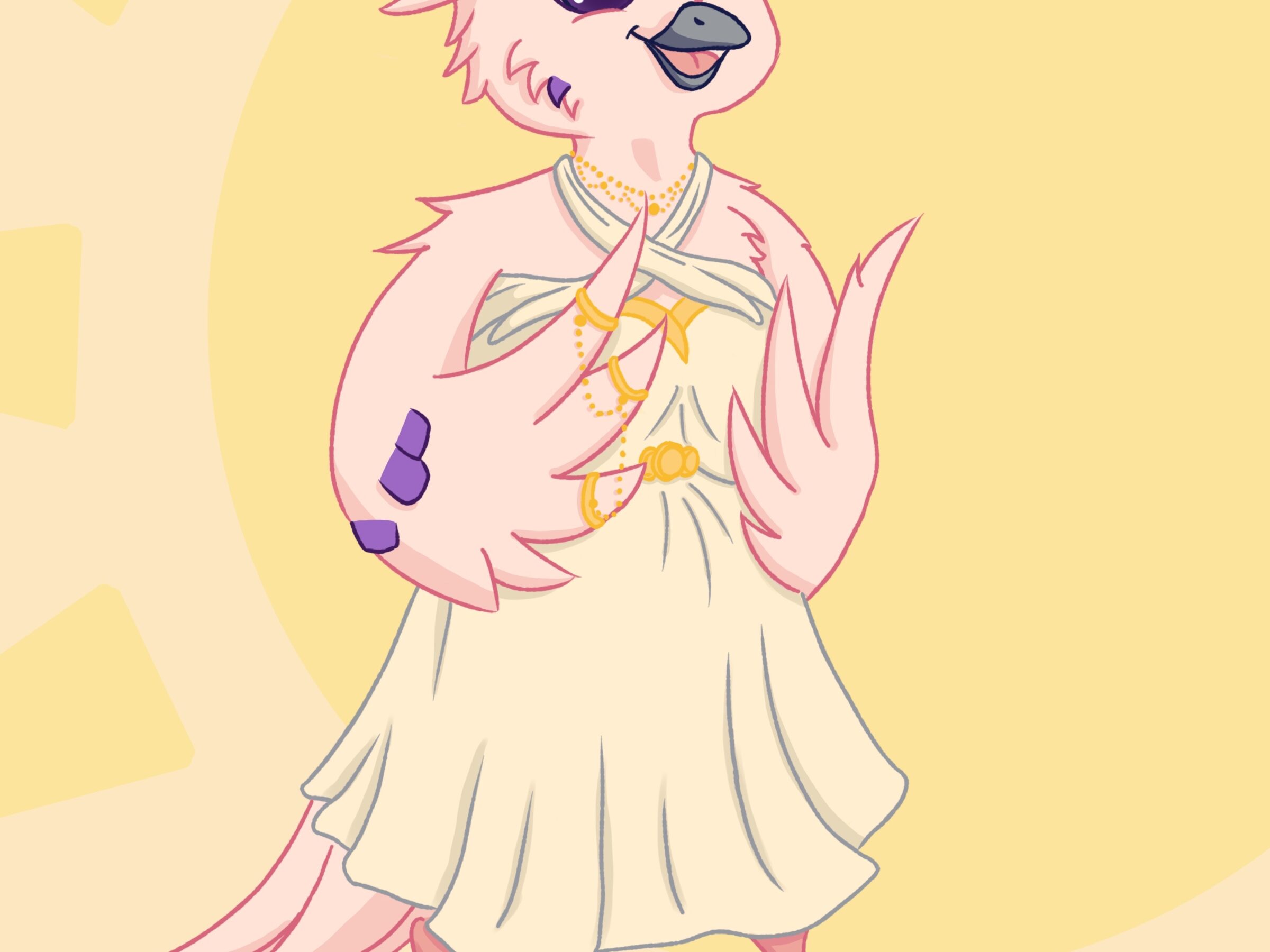 Pink cartoon anthropomorphic dove in a cream-colored dress.