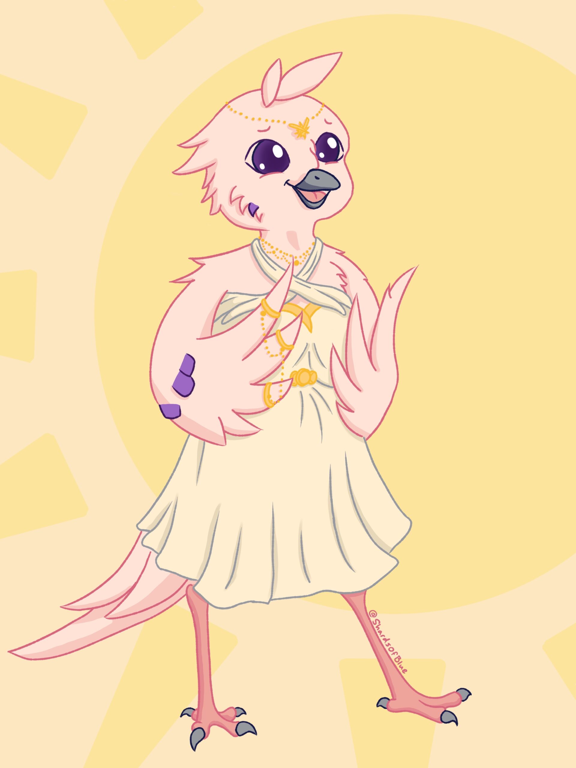 Pink cartoon anthropomorphic dove in a cream-colored dress.